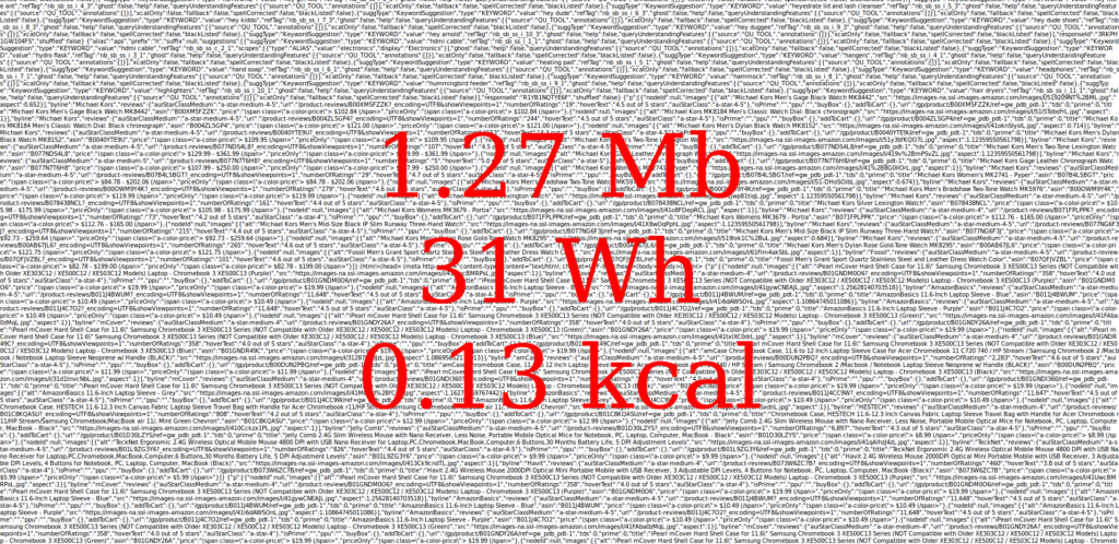 Impossibly small lines of code with a red text superimposed calculating the site's energy consumption: 1.27 Mb, 31 Wh, 0.13 kcal