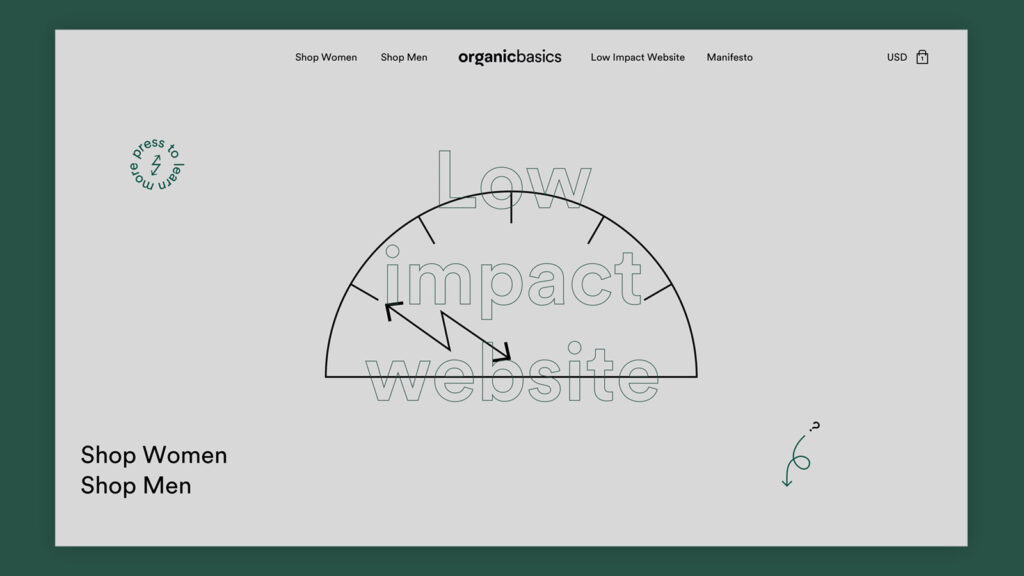 Organic Basics Low Impact Website front page