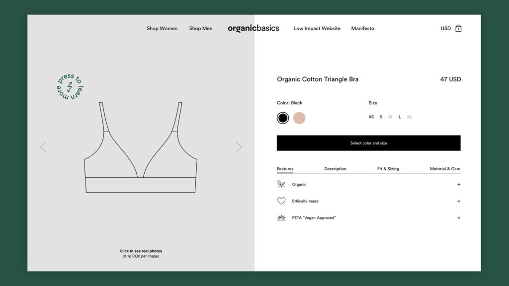 Organic Basics Low Impact Website product page