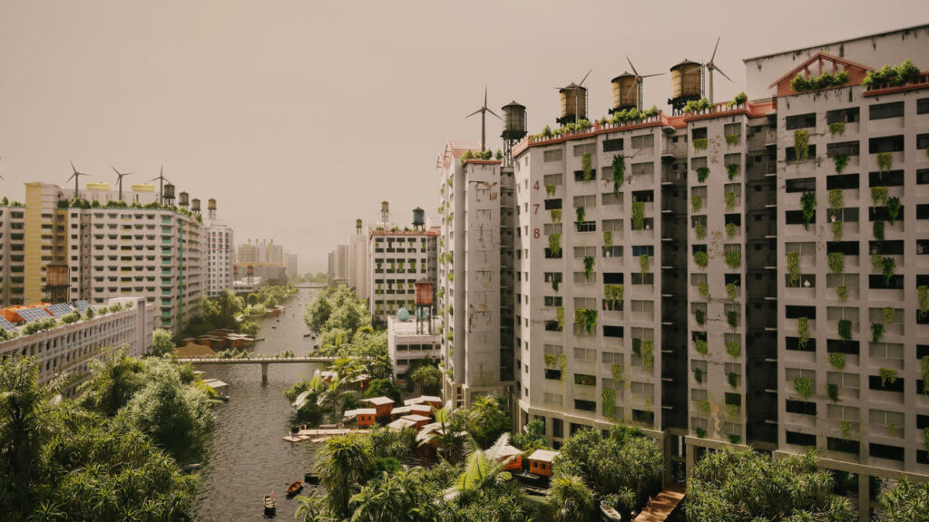 A cityscape with flooded streets, lush green from the windows and gleaming wind turbines on every roof