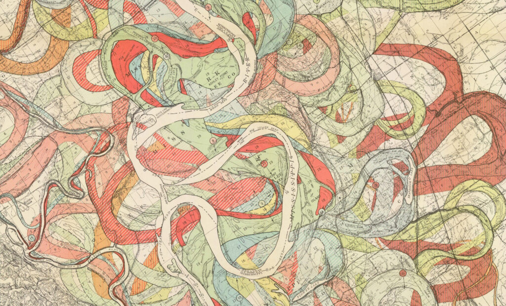 Colorful meandering routes of the Mississippi River